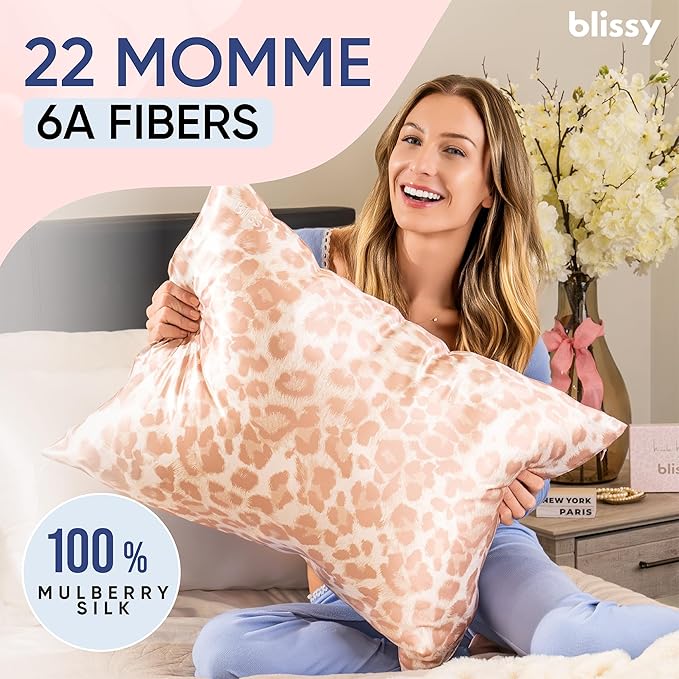 Blissy Silk Pillowcase - 100% Pure Mulberry Silk - 22 Momme 6A High-Grade Fibers - Silk Pillow Cover for Hair & Skin - Regular, Queen & King (Nicole Miller - Mauve Cheetah, Queen)
