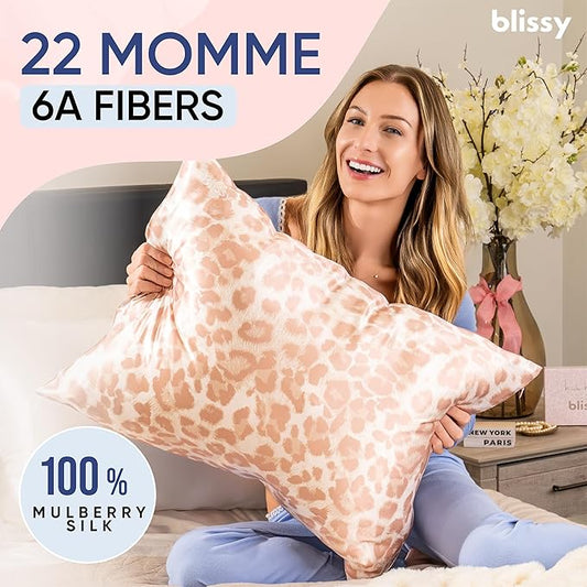 Blissy Silk Pillowcase - 100% Pure Mulberry Silk - 22 Momme 6A High-Grade Fibers - Silk Pillow Cover for Hair & Skin - Regular, Queen & King (Nicole Miller - Mauve Cheetah, Queen)