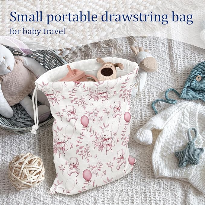 DSHFG Light Pink Bear Birthday Drawstring Gift Wrap Bags, Chinoiserie Animals Baby Shower Drawstring Gift Bags Canvas, Cute Bear Pink and White Small Happy Birthday Bag, 10x13 Inch