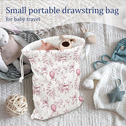 DSHFG Light Pink Bear Birthday Drawstring Gift Wrap Bags, Chinoiserie Animals Baby Shower Drawstring Gift Bags Canvas, Cute Bear Pink and White Small Happy Birthday Bag, 10x13 Inch