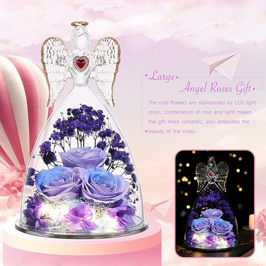Mothers Day Rose Gifts for Women, Large Angel Figurines with Real Roses, Preserved Real Flower Rose for Her - Purple Blue