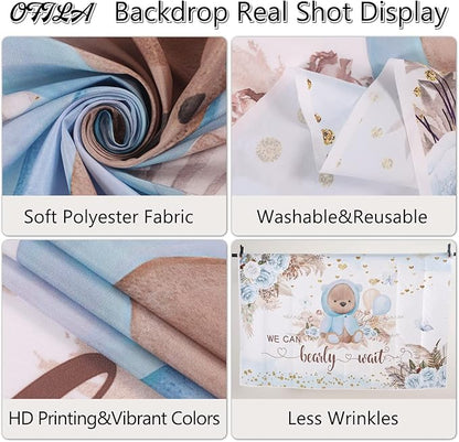 Boy We Can Bearly Wait Backdrop Boho Baby Shower Party Backdrop 8x6ft Blue Floral Boho Pampas Grass Bear Baby Shower Photography Background Birthday Party Background Cake Table Decor