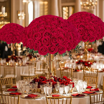 LFF Premium Artificial Classic Red Roses - 50Pcs Realistic Velvet Faux Roses with Long Stems for Wedding Bouquets, Centerpieces, Proposals & Home Decor(Red)