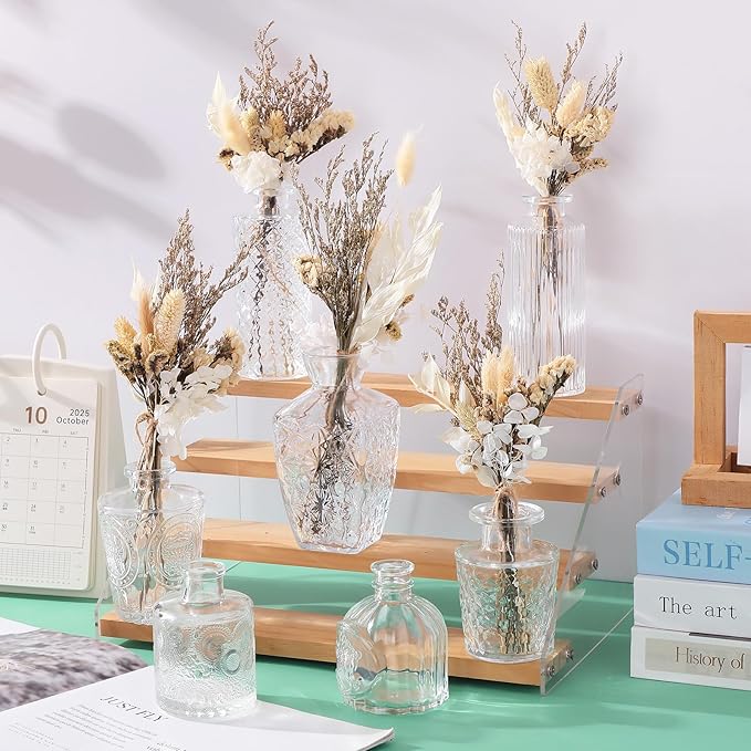 Yerliker 24pcs Glass Bud Vase Set with 24pcs Dried Flower Bouquet, Small Glass Vase Clear Bud Vases in Bulk and Boho Dried Flower Bouquet for Centerpieces Rustic Wedding Decor Home DIY Craft