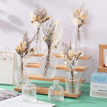 Yerliker 24pcs Glass Bud Vase Set with 24pcs Dried Flower Bouquet, Small Glass Vase Clear Bud Vases in Bulk and Boho Dried Flower Bouquet for Centerpieces Rustic Wedding Decor Home DIY Craft
