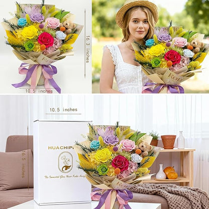 Preserved Bouquet with Bear: Big Flowers Big Love-Romantic Gifts for Her Wife Girlfriend Mom-Flowers for Delivery Prime on Christmas Valentines Day Anniversary Mothers Day (dopamine1)
