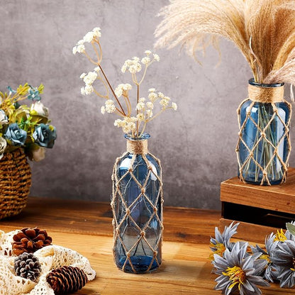 Chuangdi Set of 2 Coastal Glass Vases for Flower Small Flower Vase with Boho Rope Wrapping Beach Decorative Bottle for Coastal Nautical Table Centerpiece Wedding Floral Arrangement Decor (Navy Blue)
