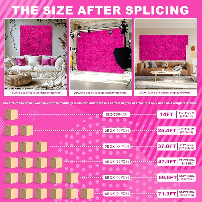 Artificial Flower Wall Backdrop 9 PCs of 16.5x16.5 Inch Floral Wall Panels 3D Silk Rose Wall Decor for Weddind Stage Party Photo Background Home Decoration-Barbie Pink