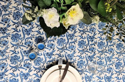 ATOSII Midnight Bloom 100% Cotton Summer Tablecloth, Block Print Blue Rectangle Table Cloth for Dining Table Parties Wedding Outdoor Decor 60 X 108 Inches I 8 Seater I Memorial Day