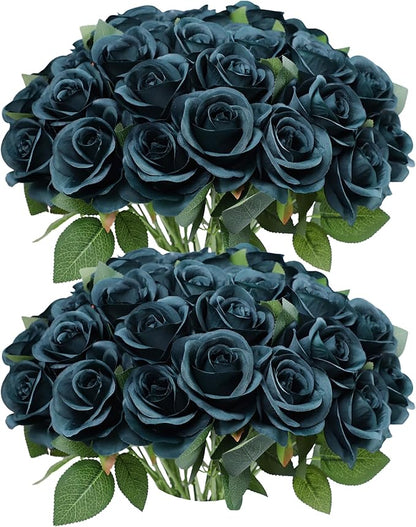 52pcs Emerald Green Roses Artificial Flowers Fake Flowers Silk Roses with Stems for DIY Wedding Bouquets Bridal Shower Centerpieces Arrangements Party Decorations