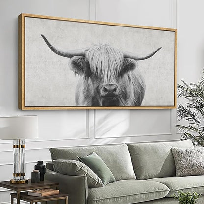 SIGNFORD Extra Large Framed Canvas Print Wall Art Highland Gentleman Portrait of a Highland Cow Illustrations Modern Art Relax/Calm Warm for Living Room, Bedroom, Office - 60"x30"