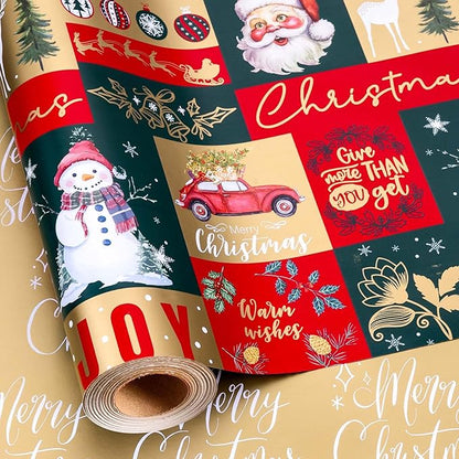 MAYPLUSS Christmas Wrapping Paper - 17 Inch X 33 Feet - Santa Claus Reversible Merry Christmas Gift Wrapping Paper, Metallic Foil Thick Gift Wrap Paper for Holiday Party New Year Kids