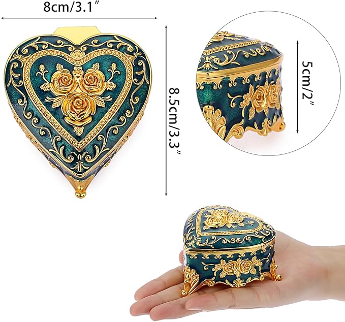 Hipiwe Vintage Metal Jewelry Box - Heart Shape Trinket Box Ring Case with Rose Pattern Jewelry Storage Box for Ring Earrings Necklace, Keepsake Box for Women, Blue