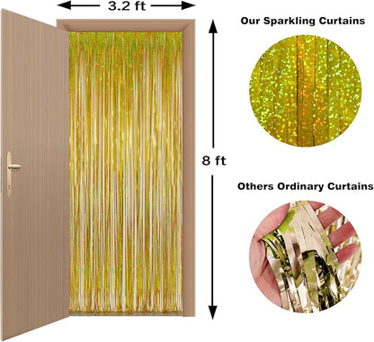 Melsan Gold Foil Curtain, 2 Pack 3.2 ft x 8.2 ft Tinsel Foil Fringe Curtains Backdrop, Sparkle Metallic Foil Fringe Curtains for New Year Party Birthday Decorations Photo Booth Props