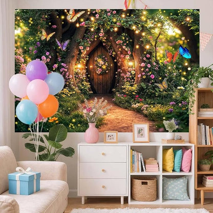 20X10ft Enchanted Forest Backdrop Fairy Tale Garden Wonderland Floral Butterfly Photography Background for Kids Girl Baby Shower Birthday Party Decoration Banner Cake Table Photo Booth Props