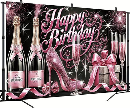 Happy Birthday Backdrop Banner Glitter High Heels Wine Glass Photography Background Poster for Women Girls Birthday Party Decorations Supplies 71 x 43 Inch