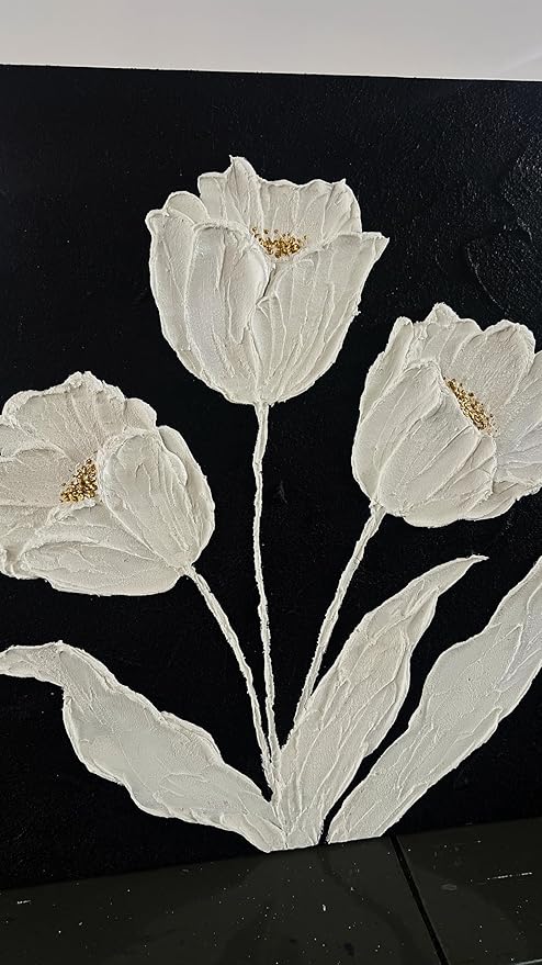 YaSheng Art-Wall Art for Living Room 100% Hand-Painted Flower Oil Painting On Canvas Black and White Thick Texture Minimalist modern Art Gallery Wrapped Framed Floral tulip Blossom Artwork for Home Bedroom 24x24inch