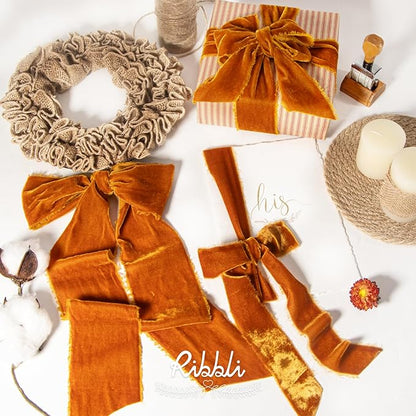 Ribbli Terracotta Velvet Ribbon 2 Inch Handmade Frayed Vintage Burnt Orange Christmas Ribbon for Gift Wrapping Tree Ornament Wreath Craft Home Decor -3 Yards