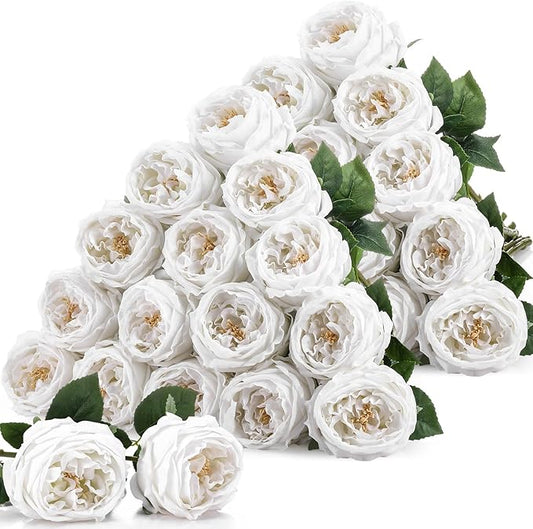 Giegxin 20 Pcs Real Touch Peonies Austin Roses Artificial Flowers, Faux Look Real Long Stems Fake Flower with Big Blooms for Christmas Valentines Wedding Party DIY Arrangement Home Decor(White)
