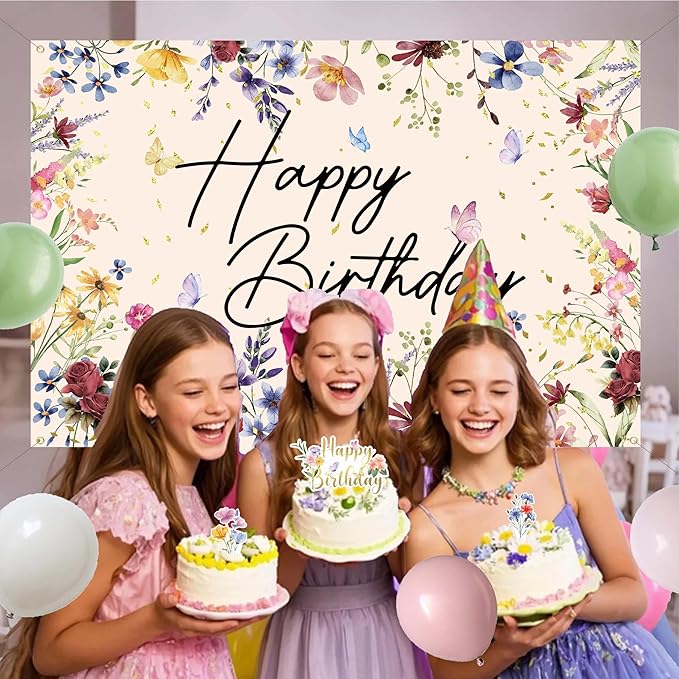 Spring Wildflower Party Decorations For Women,Happy Birthday Banner,Flower Birthday Decorations For Girls,Green Pink White Balloon Arch Kit,Cake toppers