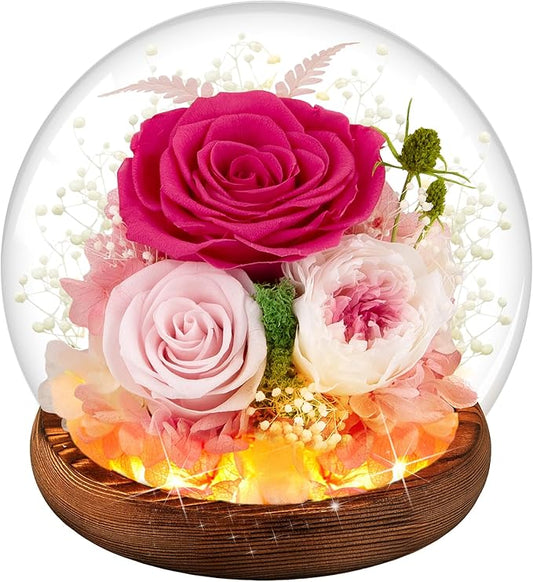 Pink Rose Birthday Gifts for Women Forever Flowers for Delivery Real Rose in Glass Dome with LED Strip, Preserved Flowers Rose Gifts for Wife Girlfriend Mom on Wedding Anniversary