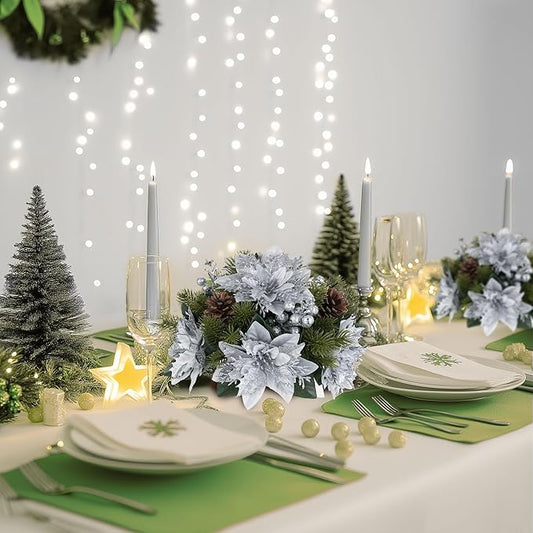 BLOSMON Poinsettias Artificial Christmas Flowers: 6 Pcs Silver Glitter Fake Christmas Floral Ball Centerpieces Decoration for Tables Silk Faux Poinsettia Holiday Flower Arrangement Xmas Plants Decor
