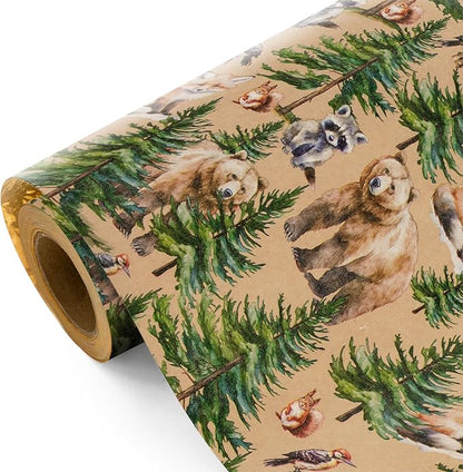 WRAPAHOLIC 30 Inch Kraft Christmas Wrapping Paper - 30 Inch x 33 Feet - Wild Animal Winterfall Watercolor and Christmas Tree Wrapping Paper Perfect for Holiday, Party Celebration