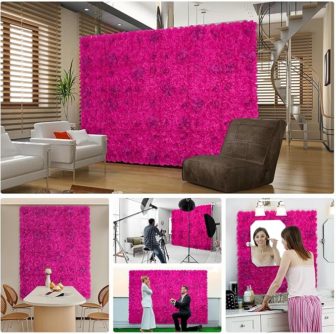 Flower Wall Backdrop 12pcs 16.5x16.5 Inch Floral Wall Panel Artificial Silk Rose Wall Decor Ideal for Wedding Celebrations, Festive Party Backdrops, and Home Decor-Bright Pink