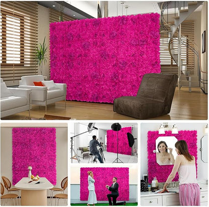Flower Wall Backdrop 12pcs 16.5x16.5 Inch Floral Wall Panel Artificial Silk Rose Wall Decor Ideal for Wedding Celebrations, Festive Party Backdrops, and Home Decor-Bright Pink