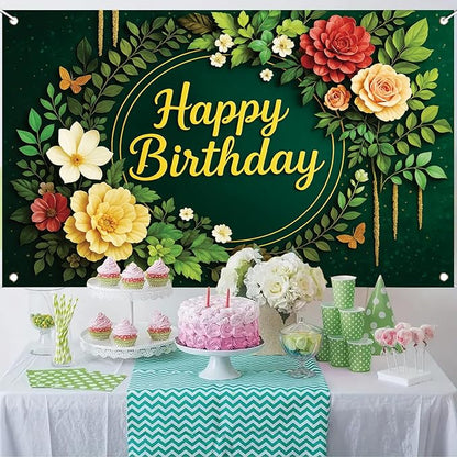 Greenery Birthday Backdrop Green Floral Banner Butterfly Happy Birthday Photography Background for Women Girls Lady Newborn Baby Shower Party Supplies Photo Booth Props 71 x 43 Inch