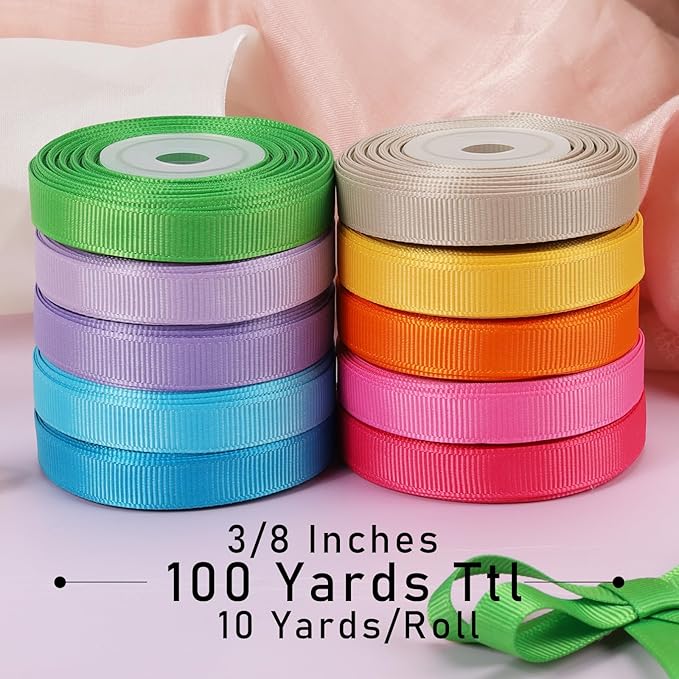 LaRibbons 3/8 Inch 100 Yards Grosgrain Ribbon Set 10 Yd/Roll 10 Rolls Spring Easter Craft Ribbon for Gift Wrapping Floral Bouquets Wedding Party Decoration