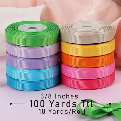 LaRibbons 3/8 Inch 100 Yards Grosgrain Ribbon Set 10 Yd/Roll 10 Rolls Spring Easter Craft Ribbon for Gift Wrapping Floral Bouquets Wedding Party Decoration