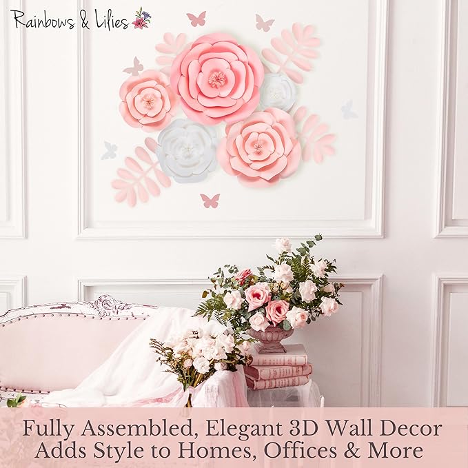 Rainbows & Lilies 15pc Large Paper Flowers Decorations for Wall - Reusable 3D Wall Decor for Girls Room, Nursery & Kids Bedroom - Pink & White Artificial Roses for Baby Shower, Wedding, Party Backdrop