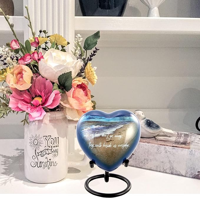 Footprints Heart Keepsake Urn - Footprints Mini Cremation Urn for Ashes - Miniature Beach Sharing Urns - Memorial Blue Beach Urn with Dispaly Stand, Premium Box & Velvet Bag (Heart Keepsake)