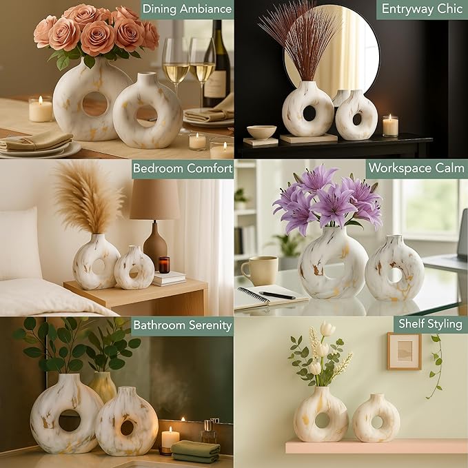 Modern Ceramic Donut Vase Set of 2 - Boho Design White and Gold Marble Pattern Vases for Flowers and Pampas - Elegant Home Decor Centerpieces for Coffee Tables - Entryways - Dining and Living Rooms