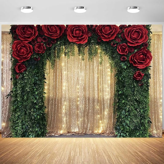 12x8ft Wedding Backdrop Red Rose Flowers Gold Sequin Wall Greenery Leaves Photography Background Bridal Wedding Party Banner Decorations Supplies Photo Booth Props