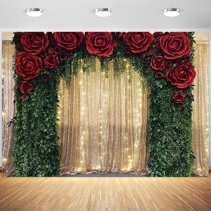 15x8ft Wedding Backdrop Red Rose Flowers Gold Sequin Wall Greenery Leaves Photography Background Bridal Wedding Party Banner Decorations Supplies Photo Booth Props