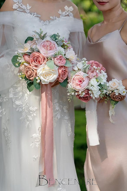 10 Inch Dusty Rose Bridal Bouquet,Wedding Bouquet, Bride Bouquets for Wedding Ceremony Anniversary, Party and French Rustic Vintage Wedding,Artificial Flowers