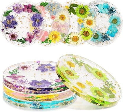 Flower Coasters, Tumwisk 4Pcs Dried Flower Drink Coasters, Women Coffee Table Dining Table Desk Aesthetic Coaster Set Natural Floral Coaster Home Decoration Housewarming Present