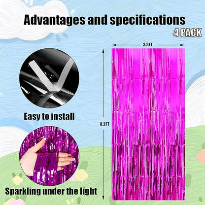 Keyali 4 Pack 3.3 * 8.3 ft Foil Curtain Metallic Tinsel Fringe Curtains Photo Booth Props Backdrop for Birthday Wedding Engagement Baby Shower Christmas Holiday Celebration Partyl,Hot Pink