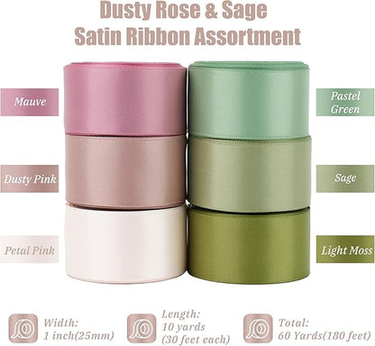 6 Rolls Sage Green and Dusty Rose Ribbon 1 Inch Green Pink Satin Ribbon Blush and Sage Ribbon for Wedding Baby Shower Backdrop Garland Gift Wrapping - 60Yards