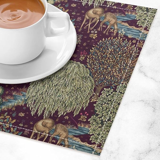 William Morris Flower Placemats Set of 4, Vintage Boho Floral Tree Plant Deers Woodland Animals Place Mats, Heat Resistant Non Slip Cotton Linen Dining Table Mats for Home Kitchen Party 18x12 Inch 1PC