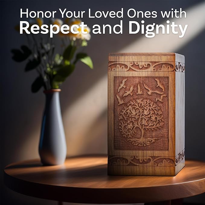 INTAJ Tree of Life Wooden Urn for Human Ashes, 115lbs Capacity, Suitable for Burial for Men, Women, Mom, Dad - Mini Rosewood Keepsake Cremation Urn for Ashes Handcrafted - Wooden Carved Box