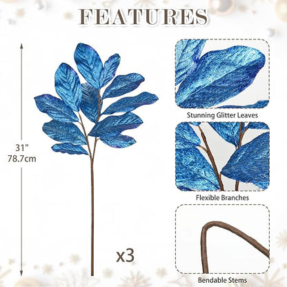 31" Royal Blue Christmas Glitter Leaves Tree Picks and Sprays, 3PCS Artificial Glitter Magnolia Stems for Christmas Tree DIY Garland Wreath Centerpiece Vase Wedding Winter Holiday
