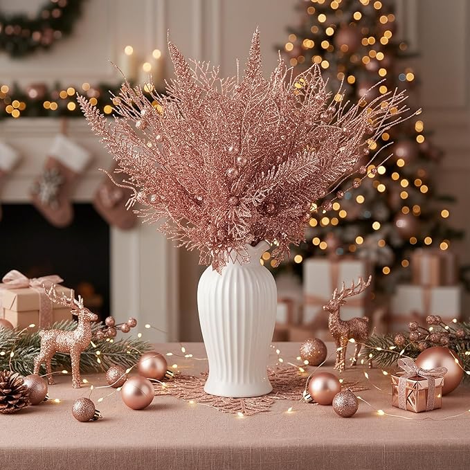 30 Pcs Artificial Christmas Tree Picks and Sprays Glitter Berry Stem Branches Holly Floral Picks Twigs Christmas Tree Ornaments for DIY Xmas Wreath Vase Filler Decorations (Rose Gold)