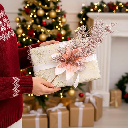 18 Pack 3 Styles 17 Inch Christmas Glitter Poinsettia Berry Stems Ornaments Artificial Floral Branches Picks for Christmas Tree Home Vase Holiday Party Decor(Rose Gold)