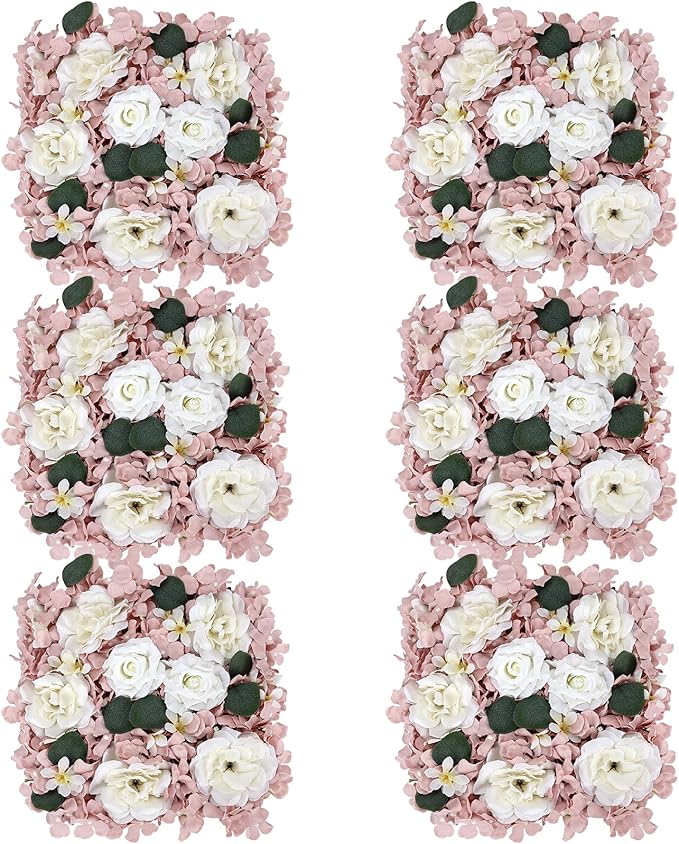 Pack of 6 Artificial Silk Flower Panels, Faux Floral Wall Background for Wedding Party Engagement Bridal Shower Arrangement Home Decorations - Dusty Pink & White
