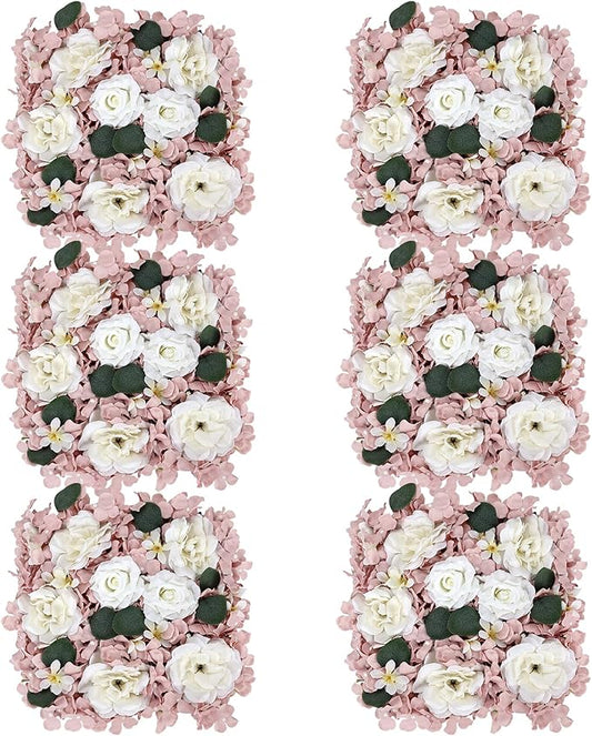 Pack of 6 Artificial Silk Flower Panels, Faux Floral Wall Background for Wedding Party Engagement Bridal Shower Arrangement Home Decorations - Dusty Pink & White