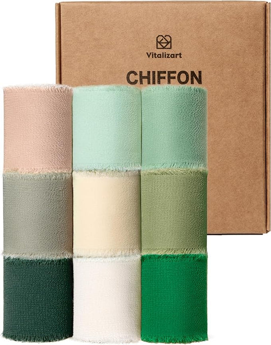 Vitalizart 9 Rolls 1.5" Green & White Chiffon Silk Ribbon Handmade Fringe Total 27 Yd Frayed Edges Ribbons for Wedding Invitations Crafts Holiday Decor Bridal Bouquets Gifts Wrapping