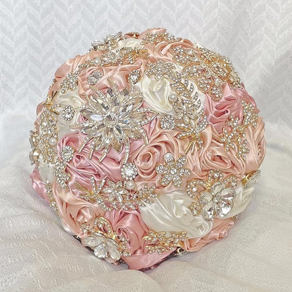 Handmade Satin Rose Floral Bling Pearl Decor Bridal Wedding Bouquet Rhinestone Pendant Artificial Brooch Flowers for Bride Bridesmaid Quinceanera